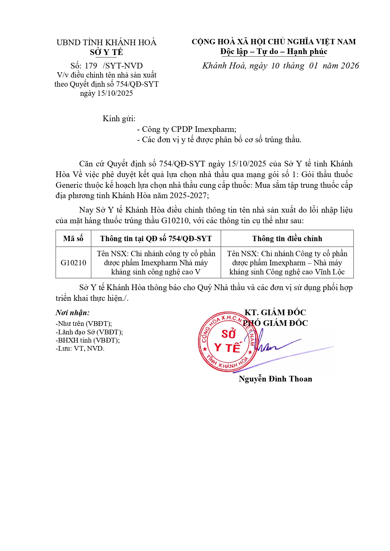 V/v điều chỉnh tên nhà sản xuất theo Quyết định số 754/QĐ-SYT ngày 15/10/2025